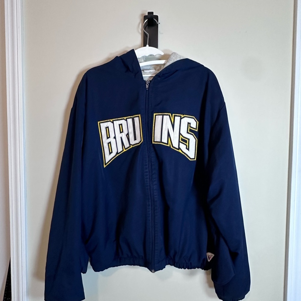 Navy Bruins Hooded Jacket Jersey cloth lined wind breaker material Vintage Large